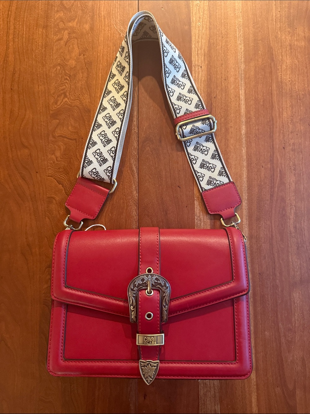 CAVALLI Class Cherry Red Leather Crossbody Bag Printed Strap and Western Buckle